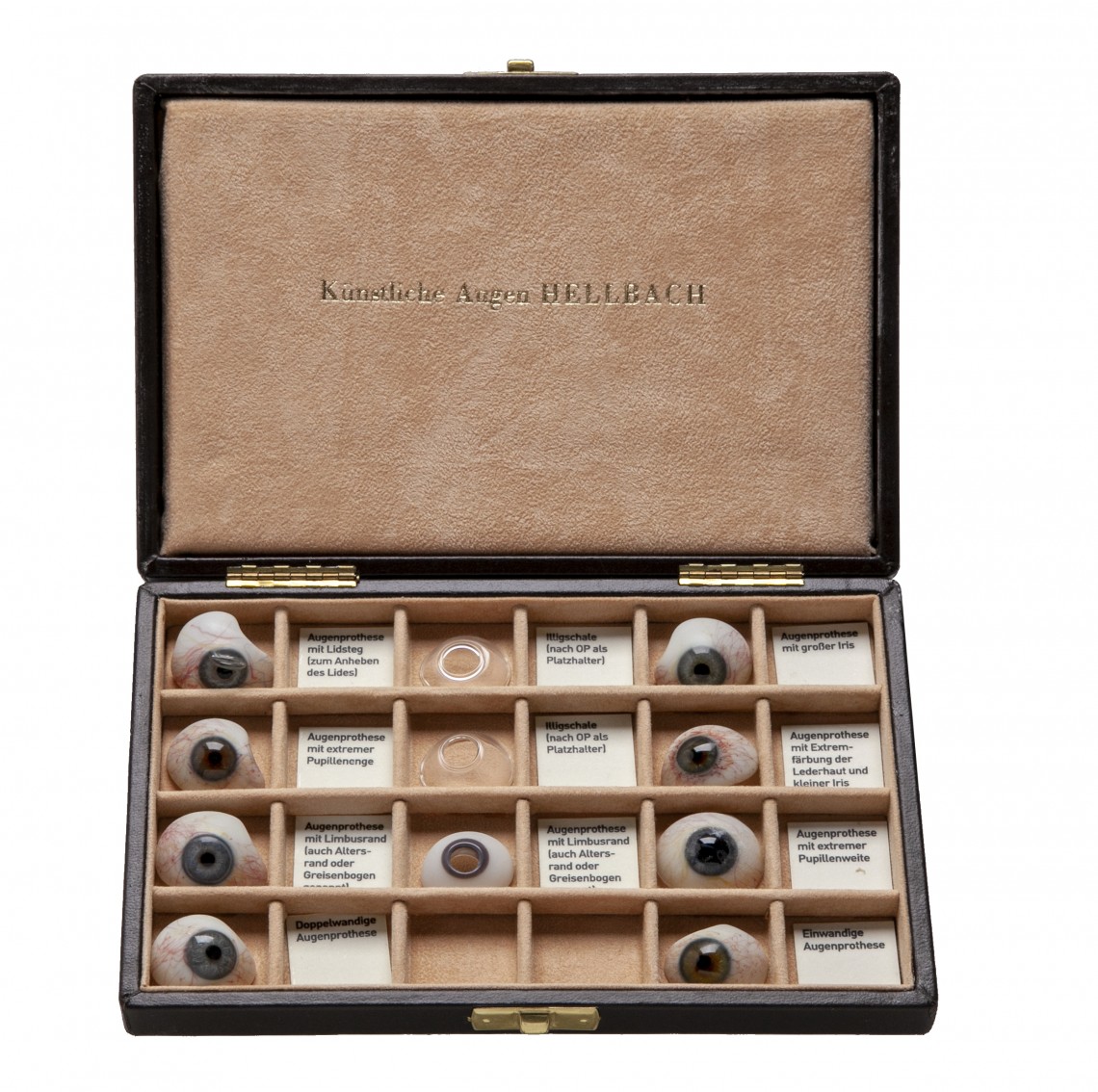 Originalexponat einer Präsentationsschatulle mit verschiedenen Glas-Kunstaugen Typen